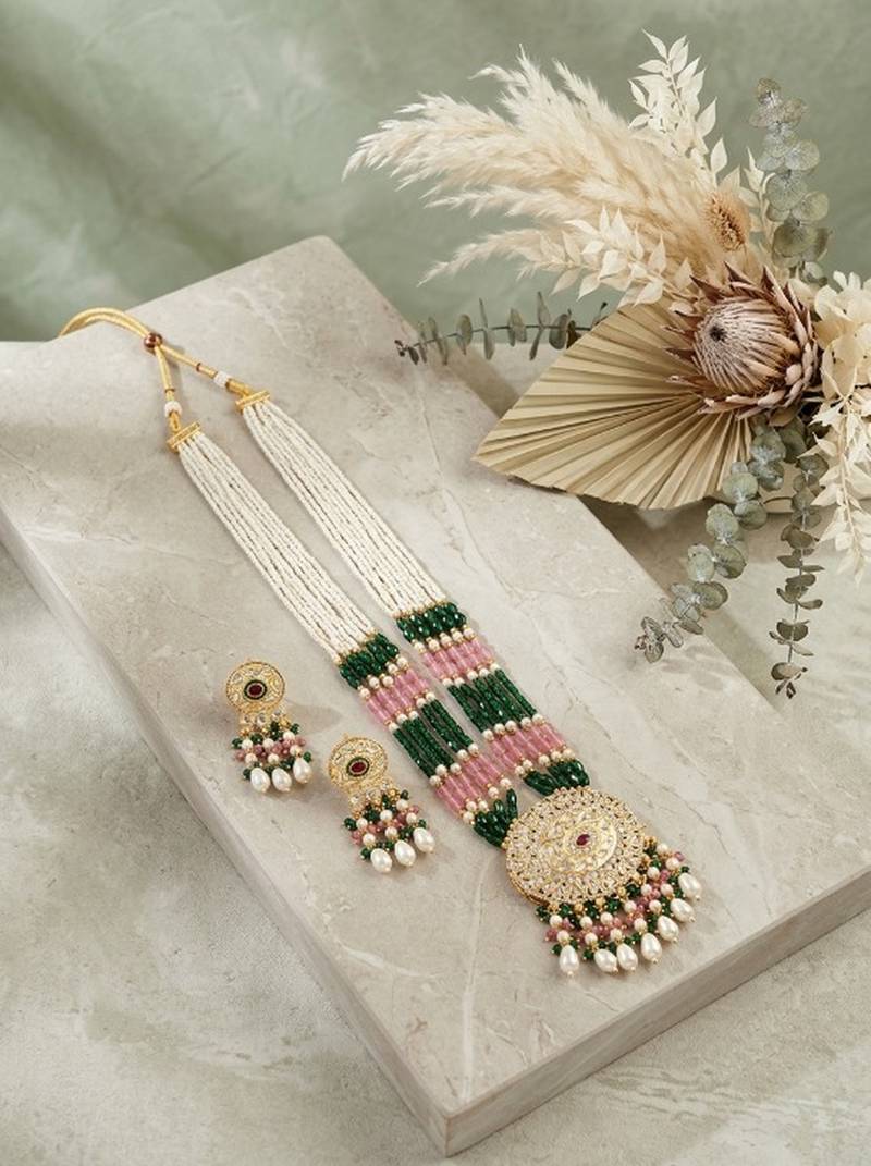 Kundan necklace set with mulitcolor beads & pearls | antique gold plated bollywood bridal wedding jewelry for women