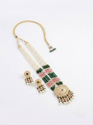 Kundan necklace set with mulitcolor beads & pearls | antique gold plated bollywood bridal wedding jewelry for women 2