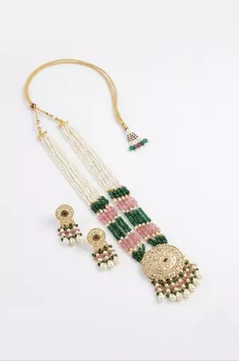 Kundan necklace set with mulitcolor beads & pearls | antique gold plated bollywood bridal wedding jewelry for women