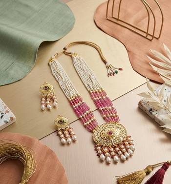 Kundan necklace set with mulitcolor beads & pearls | antique gold plated bollywood bridal wedding jewelry for women 1
