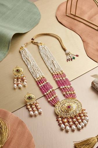 Kundan necklace set with mulitcolor beads & pearls | antique gold plated bollywood bridal wedding jewelry for women
