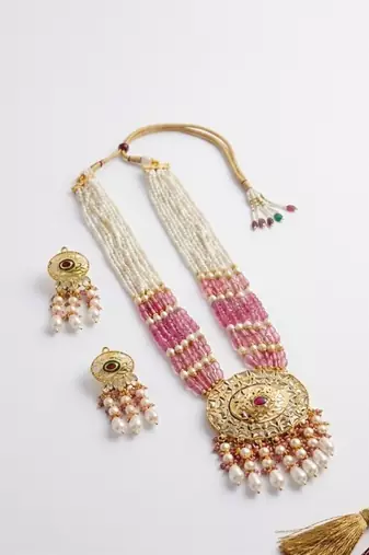 Kundan necklace set with mulitcolor beads & pearls | antique gold plated bollywood bridal wedding jewelry for women
