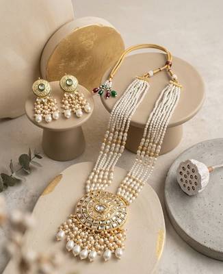 Kundan necklace set with white beads & pearls | antique gold plated bollywood bridal wedding jewelry for women 1