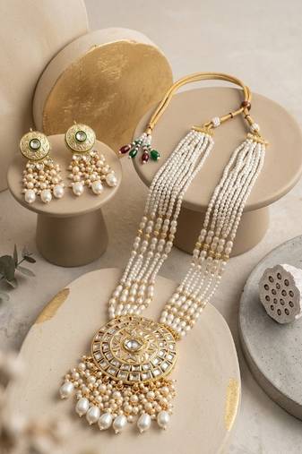 Kundan necklace set with white beads & pearls | antique gold plated bollywood bridal wedding jewelry for women