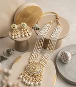 Kundan necklace set with white beads & pearls | antique gold plated bollywood bridal wedding jewelry for women