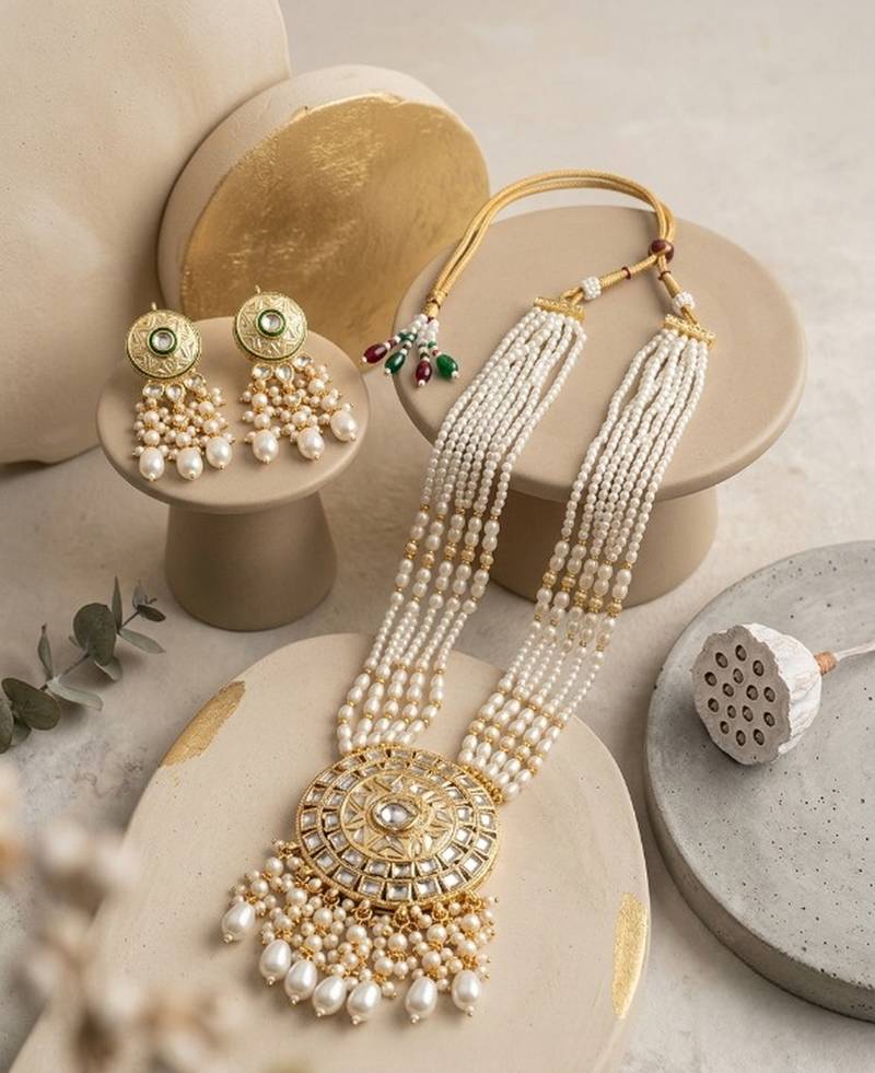 Kundan necklace set with white beads & pearls | antique gold plated bollywood bridal wedding jewelry for women