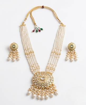 Kundan necklace set with white beads & pearls | antique gold plated bollywood bridal wedding jewelry for women 2