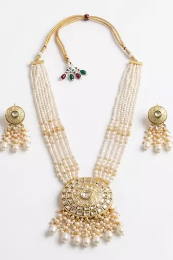 Kundan necklace set with white beads & pearls | antique gold plated bollywood bridal wedding jewelry for women