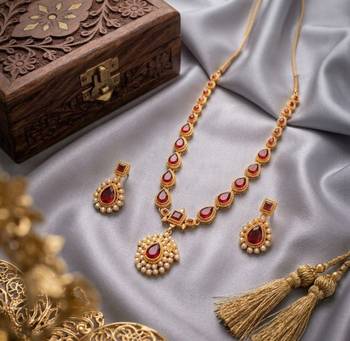 Gold plated ruby indian jewelry set  wedding necklace with earrings | bollywood bridal festival wear 1