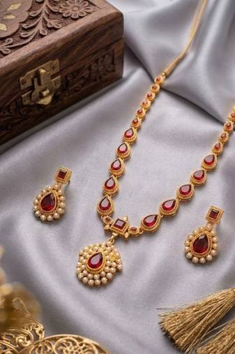 Gold plated ruby indian jewelry set  wedding necklace with earrings | bollywood bridal festival wear