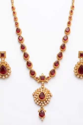 Gold plated ruby indian jewelry set  wedding necklace with earrings | bollywood bridal festival wear