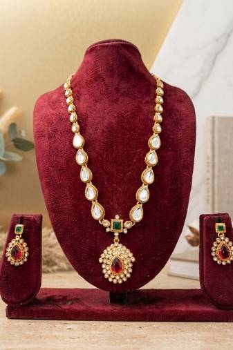 Gold plated ruby green indian jewelry set  wedding necklace with earrings | bollywood bridal festival wear