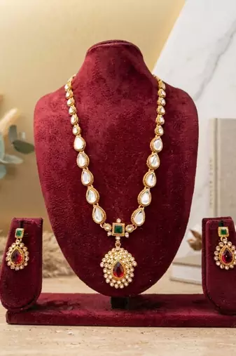 Gold plated ruby green indian jewelry set  wedding necklace with earrings | bollywood bridal festival wear