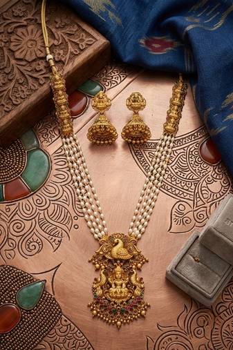 Gold plated south indian temple jewelry set - long pearl haram necklace with jhumka earrings for wedding