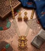 Gold plated south indian temple jewelry set - long pearl haram necklace with jhumka earrings for wedding