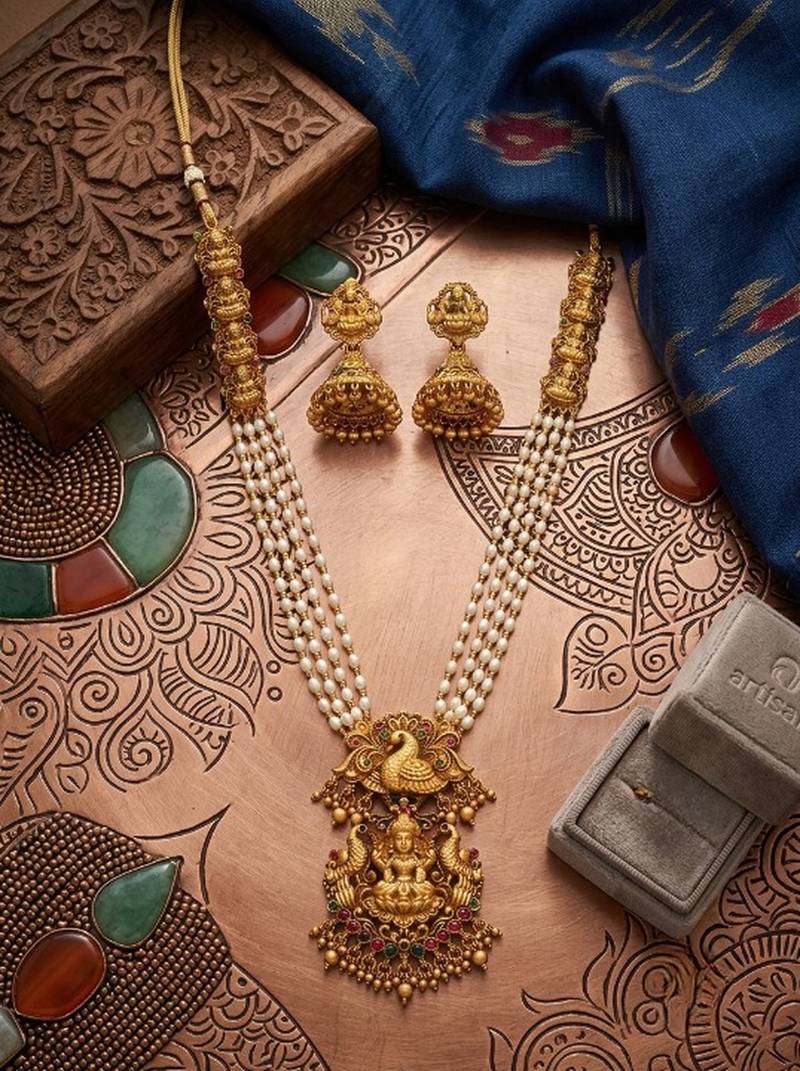 Gold plated south indian temple jewelry set - long pearl haram necklace with jhumka earrings for wedding