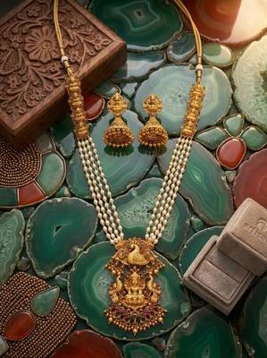 Gold plated south indian temple jewelry set - long pearl haram necklace with jhumka earrings for wedding 2