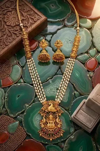 Gold plated south indian temple jewelry set - long pearl haram necklace with jhumka earrings for wedding