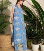 Women Floral Printed Regular Linen Kurta with Trousers