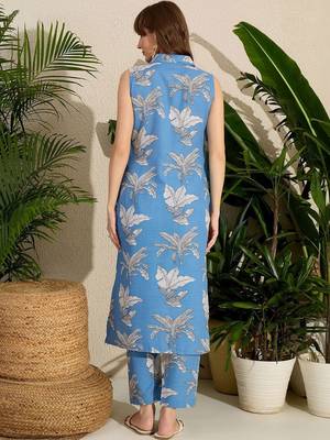 Women Floral Printed Regular Linen Kurta with Trousers 7