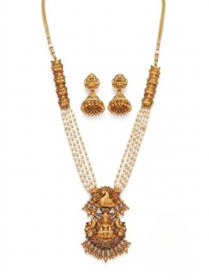 Gold plated south indian temple jewelry set - long pearl haram necklace with jhumka earrings for wedding 3