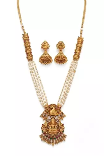 Gold plated south indian temple jewelry set - long pearl haram necklace with jhumka earrings for wedding
