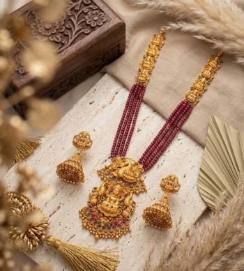 Gold plated south indian temple jewelry set - long pearl haram necklace with jhumka earrings for wedding 1