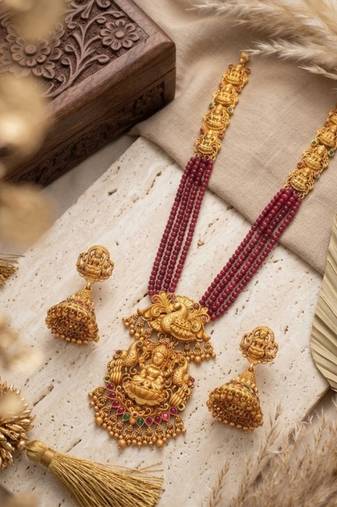 Gold plated south indian temple jewelry set - long pearl haram necklace with jhumka earrings for wedding