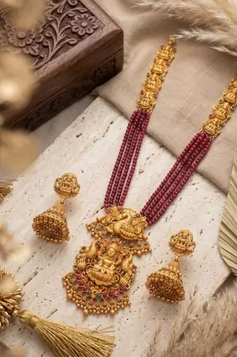 Gold plated south indian temple jewelry set - long pearl haram necklace with jhumka earrings for wedding