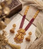 Gold plated south indian temple jewelry set - long pearl haram necklace with jhumka earrings for wedding
