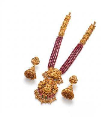 Gold plated south indian temple jewelry set - long pearl haram necklace with jhumka earrings for wedding 2