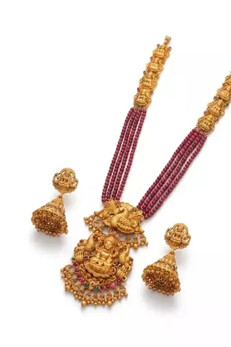 Gold plated south indian temple jewelry set - long pearl haram necklace with jhumka earrings for wedding