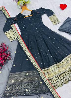 Black fuax blooming party wear embroidery  anarkali suit set 5