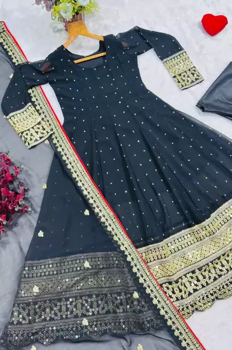 Black fuax blooming party wear embroidery anarkali suit set