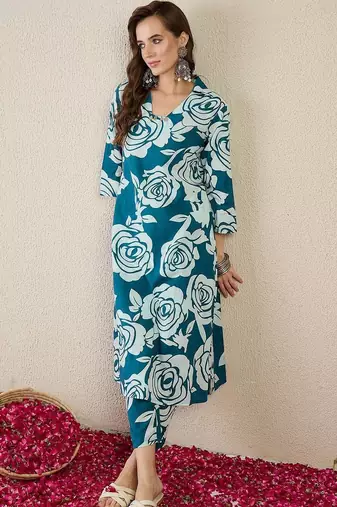Women Floral Printed Regular Pure Cotton Kurta with Trousers