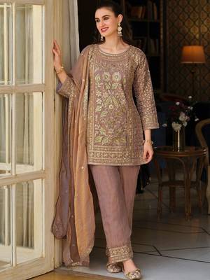 Peach Embroidered Straight Kurta Trousers Dupatta Set 1