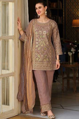 Peach Embroidered Straight Kurta Trousers Dupatta Set