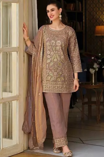 Peach Embroidered Straight Kurta Trousers Dupatta Set