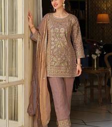 Peach Embroidered Straight Kurta Trousers Dupatta Set