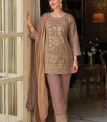 Peach Embroidered Straight Kurta Trousers Dupatta Set