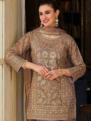 Peach Embroidered Straight Kurta Trousers Dupatta Set 2