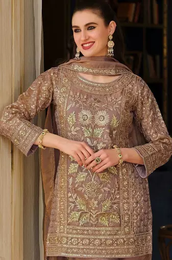 Peach Embroidered Straight Kurta Trousers Dupatta Set
