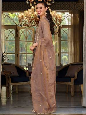 Peach Embroidered Straight Kurta Trousers Dupatta Set 3