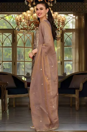 Peach Embroidered Straight Kurta Trousers Dupatta Set
