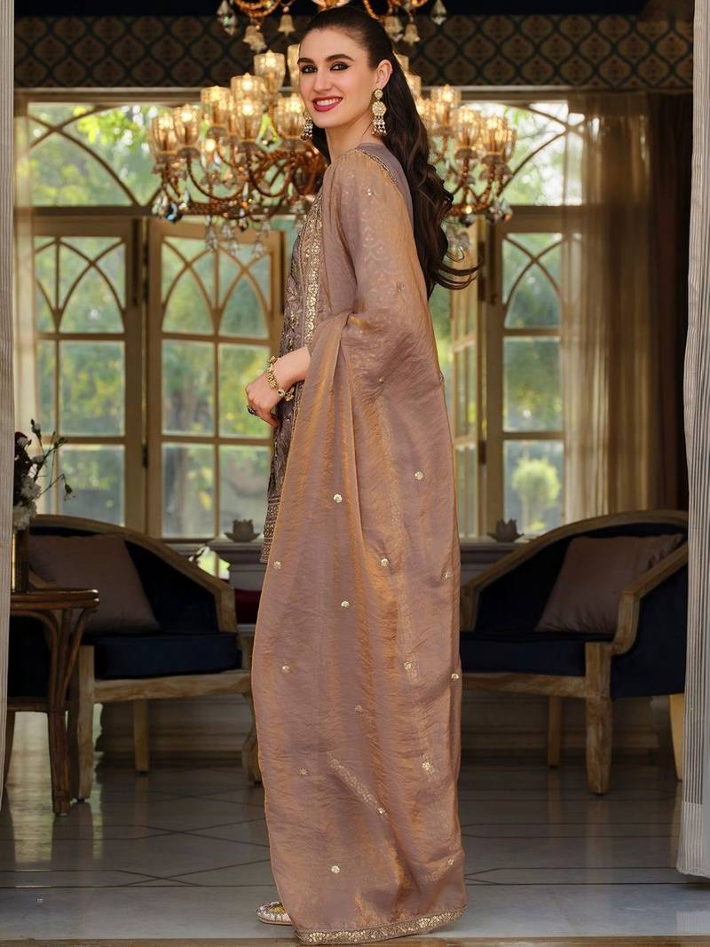 Peach Embroidered Straight Kurta Trousers Dupatta Set