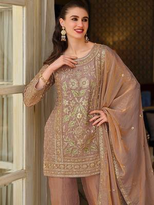 Peach Embroidered Straight Kurta Trousers Dupatta Set 4