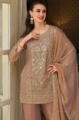 Peach Embroidered Straight Kurta Trousers Dupatta Set