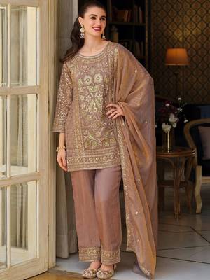 Peach Embroidered Straight Kurta Trousers Dupatta Set 5