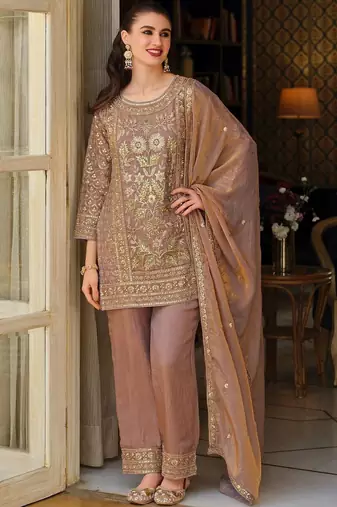 Peach Embroidered Straight Kurta Trousers Dupatta Set