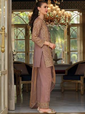 Peach Embroidered Straight Kurta Trousers Dupatta Set 6